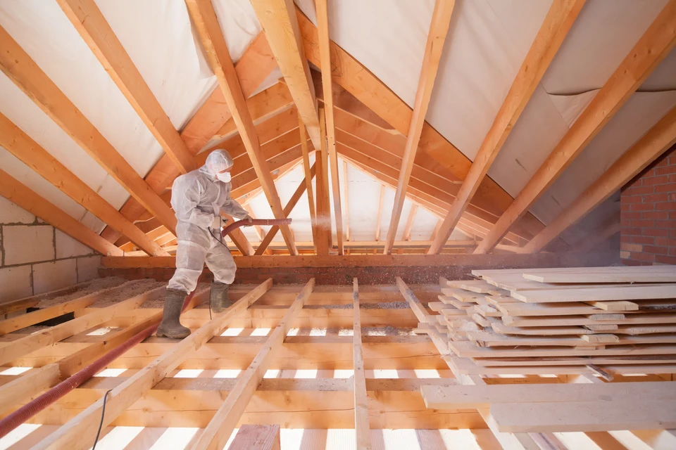Scène extérieure de travaux de rénovation : ouvrier appliquant peinture rouge sur structure bois d'une pergola ou charpente